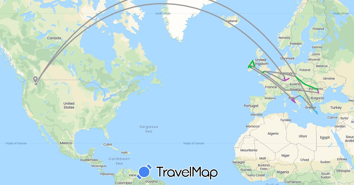 TravelMap itinerary: driving, bus, plane, train, boat in Czech Republic, Germany, United Kingdom, Greece, Croatia, Hungary, Ireland, Italy, Romania, United States (Europe, North America)